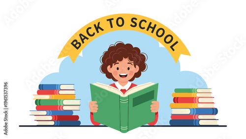 Enthusiastic young boy with curly hair reading a large book at a desk with several stacks of books and a school banner.