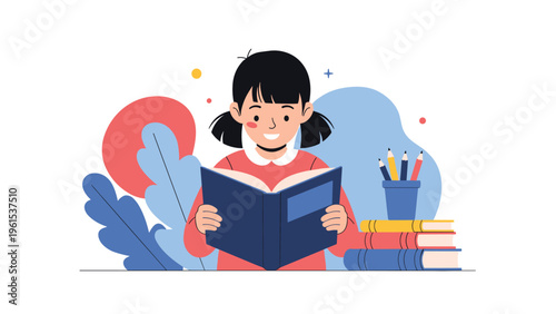 Little girl with pigtails reading a book at a table with stacks of books and a cup of pencils in the background.