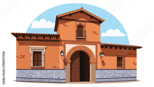 Beautiful traditional Spanish style house with a large wooden door and blue patterned tiles along the bottom of the wall.