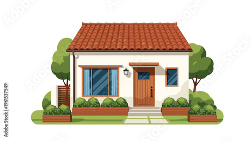 Simple and charming white house with a terracotta tile roof surrounded by green bushes and trees on a sunny day.