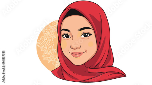 Portrait of a young woman with a pleasant smile wearing a red hijab against a soft peach background with a mandala.