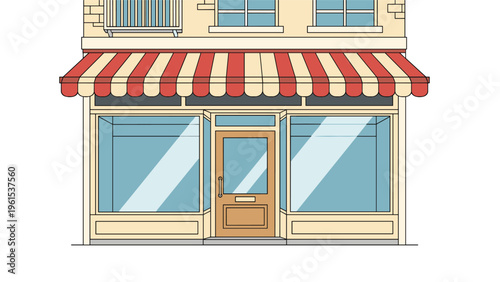 Street view of a local shop front with a classic red and white striped awning and large glass display windows on a bright day.