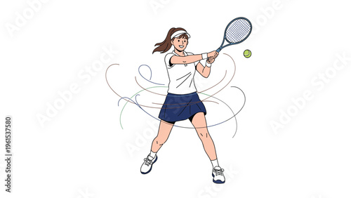 Athletic woman in sports attire playing tennis and swinging her racket to hit a green tennis ball in the air.