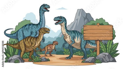 Prehistoric scene featuring various types of dinosaurs in a lush landscape with a wooden sign for text or titles.