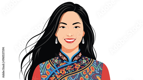 Portrait of a smiling woman wearing a colorful traditional garment with intricate patterns and long dark hair.