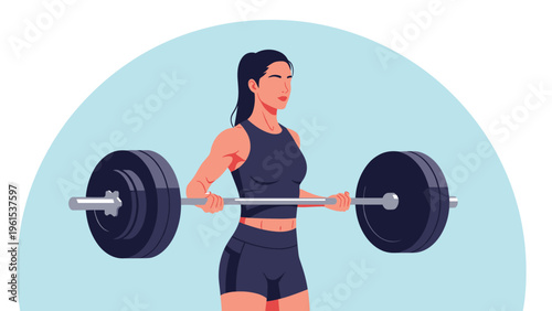 Strong woman in fitness gear lifting a heavy barbell during a workout session against a light blue circular background.