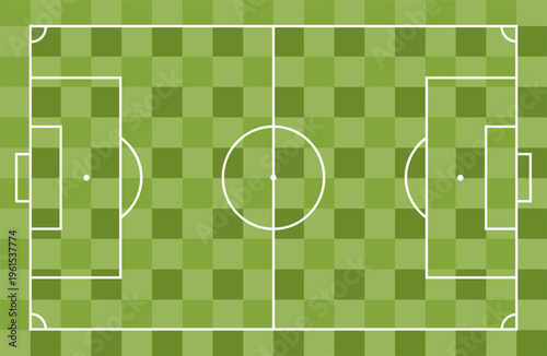 Vector soccer field green pattern. Top view football pitch illustration. Checkered grass sport arena background. Professional stadium layout graphic design. Empty playground for match competition