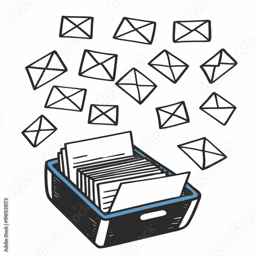 Clear your inbox concept with colorful envelopes and blue tray