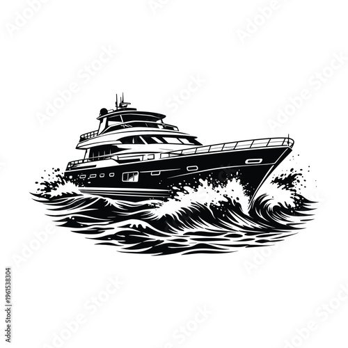Luxury yacht sailing on waves, dynamic silhouette illustration