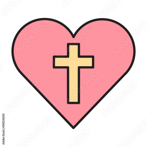 Minimalist flat vector illustration of a yellow christian cross inside a pink heart, representing a symbol of love for God and faith. Black editable outline.