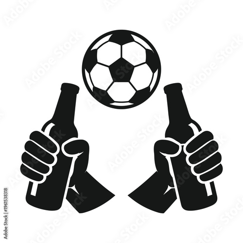 Soccer ball with beer bottles held by hands silhouette