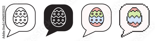 Vector icon set of decorated Easter eggs in speech bubbles. Includes line, solid, colorful, and pixel art styles with editable stroke for holiday communication.