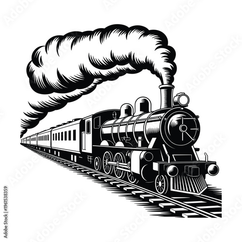 Vintage steam train with smoke silhouette, black and white illustration