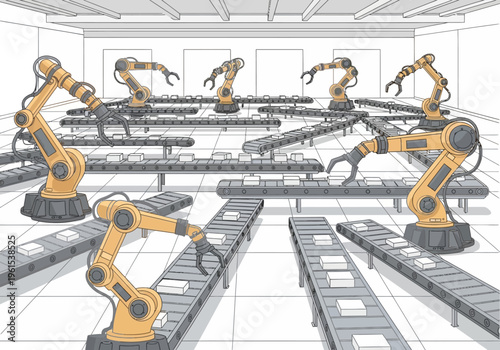 Industrial Robots Working on Assembly Line.