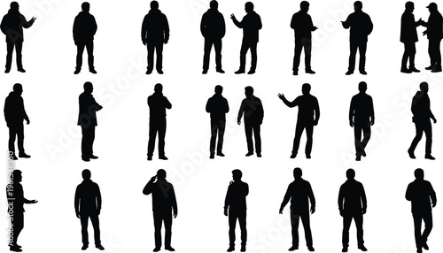 Casual people silhouettes set, men in everyday clothing standing talking and walking poses, urban lifestyle characters isolated on white background