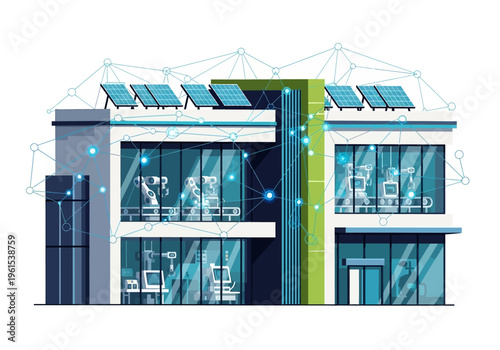 Modern Building with Solar Panels and Technology.