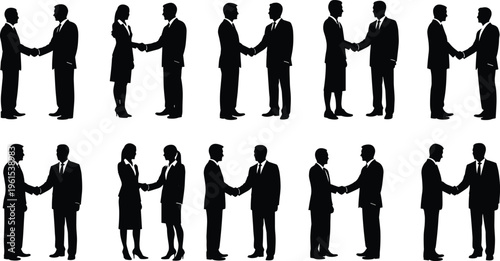 Collection of business people silhouettes shaking hands in agreement isolated on white background, partnership, deal, and corporate collaboration concept