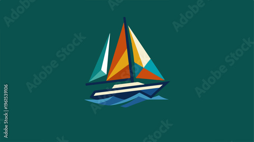 Colorful sailboat sailing on the ocean with a teal background.