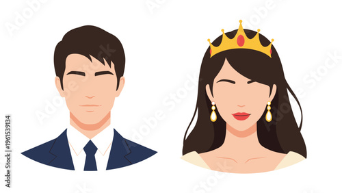 Regal portraits of a prince in a blue suit and a princess with a gold crown and pearl earrings on a white background.