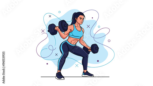 Determined athletic woman performing a squat exercise with dumbbells in each hand for strength training and fitness.
