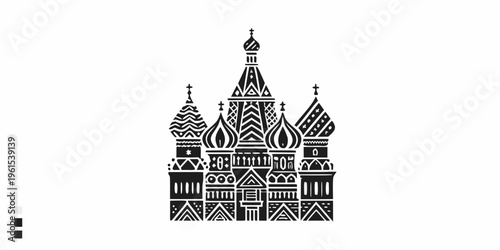 Stylized black and white illustration of saint basil s cathedral in russia
