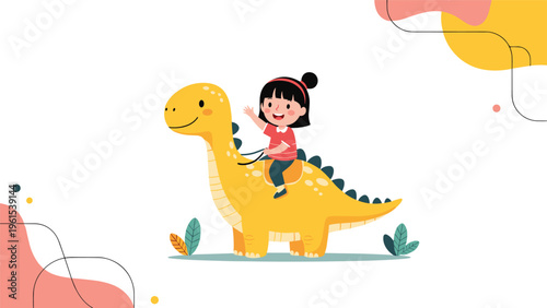 Happy young girl waving while riding on the back of a friendly long-necked dinosaur in a whimsical landscape.