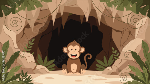 Cheerful brown monkey sitting in the entrance of a dark rocky cave surrounded by green jungle leaves and vines.