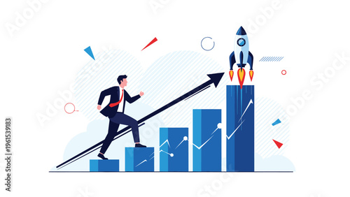 Determined businessman running up a bar chart towards a launching rocket representing rapid career growth and success.
