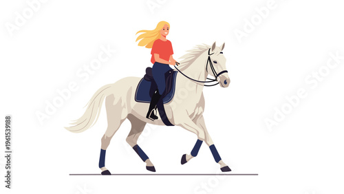 Young woman with long blonde hair riding a beautiful white horse at a gallop for equestrian sports and outdoor hobby concept.