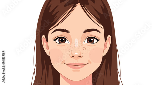 Detailed close-up portrait of a young girl with long brown hair, brown eyes, and charming freckles on her nose.