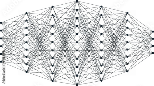 Complex interconnected network visualization representing data processing and analysis.