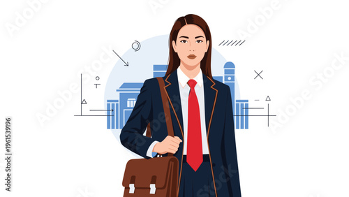 Young student in a blue school uniform with a red tie and a leather briefcase standing in front of school symbols.