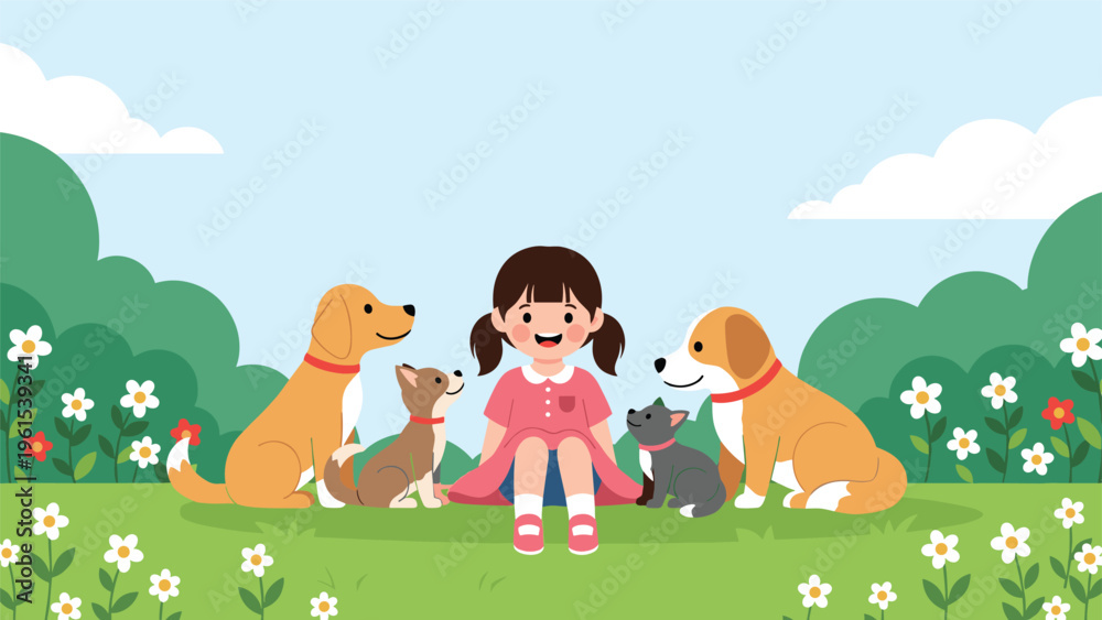 Fototapeta premium Cheerful young girl sitting in a flower-filled park meadow surrounded by her four playful pet dogs.