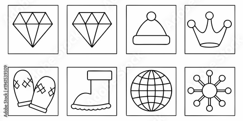 Simple line drawings of a diamond hat mittens and other objects