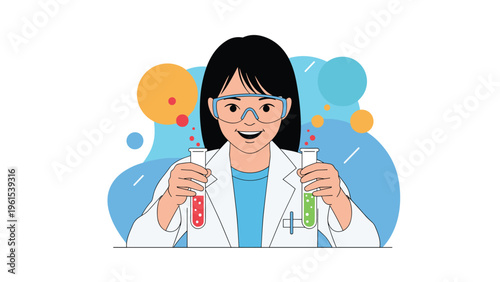 Enthusiastic young female scientist wearing safety goggles and holding test tubes with colorful liquids in a laboratory.