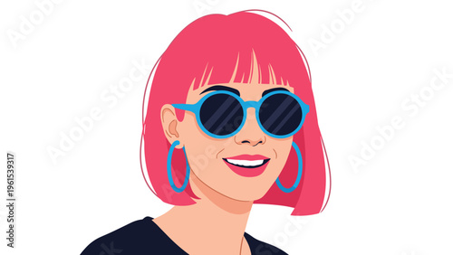 Trendy young woman with bright pink hair wearing stylish blue sunglasses and large hoop earrings.