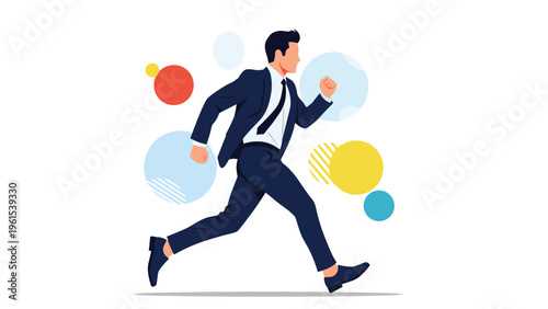 Determined businessman in a suit running quickly towards success against a creative abstract background with colorful circles.