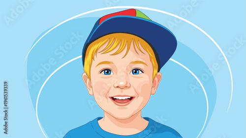 Close up portrait of a happy young boy with blonde hair and blue eyes wearing a colorful baseball cap.