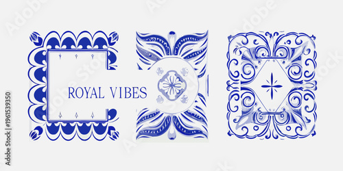 Three ornate blue and white patterned frames with royal vibes text