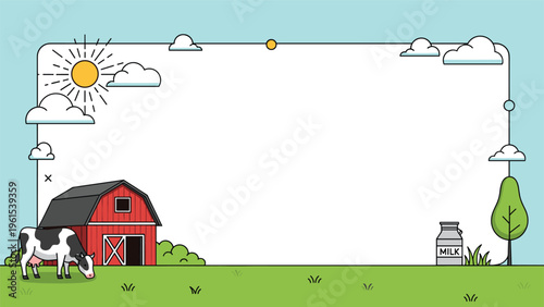 Traditional red barn and a cow grazing in a green pasture with a milk can and clouds in the background.