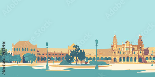 Stylized illustration of a spanish palace with surrounding gardens and walkways