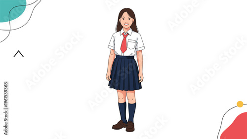 Polite young schoolgirl in a white shirt and blue pleated skirt standing against a creative abstract background.