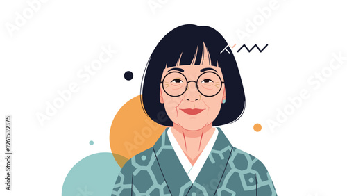 Wise elderly Asian woman wearing glasses and a traditional patterned garment posing against an abstract background.