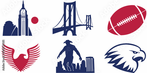 New york city themed icons sports landmarks and patriotic symbols