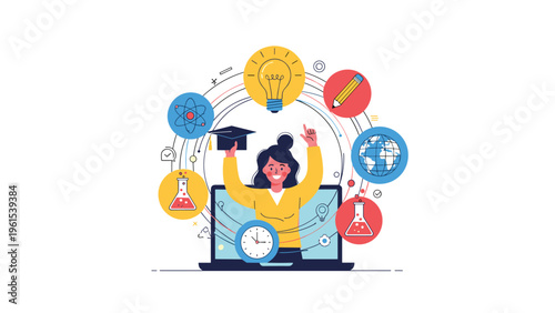 Concept of online education and distance learning showing a woman on a laptop surrounded by various academic icons.