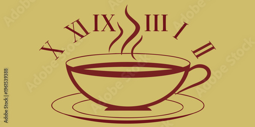 A steaming cup of coffee with roman numerals floating above it