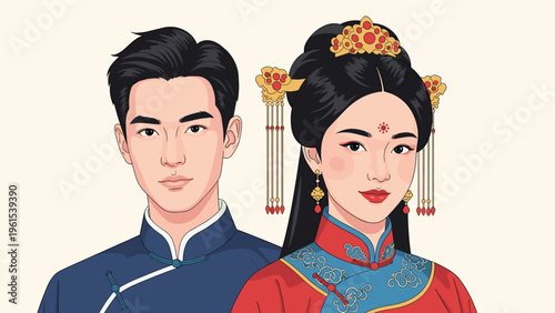 Beautiful young couple in traditional red and blue Chinese wedding or formal attire posing with elaborate hair accessories.