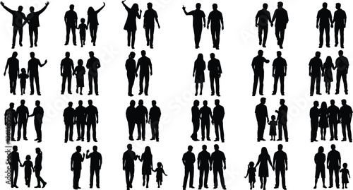 Collection of people silhouettes in family, friendship, and group interaction poses isolated on white background, social relationships and community concept