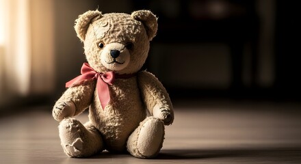A vintage teddy bear sits alone on a wooden floor with a red bow around its neck