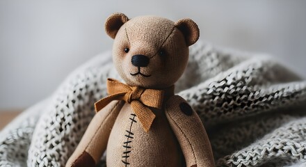 A stuffed teddy bear sitting on a knitted blanket with a brown bow tie